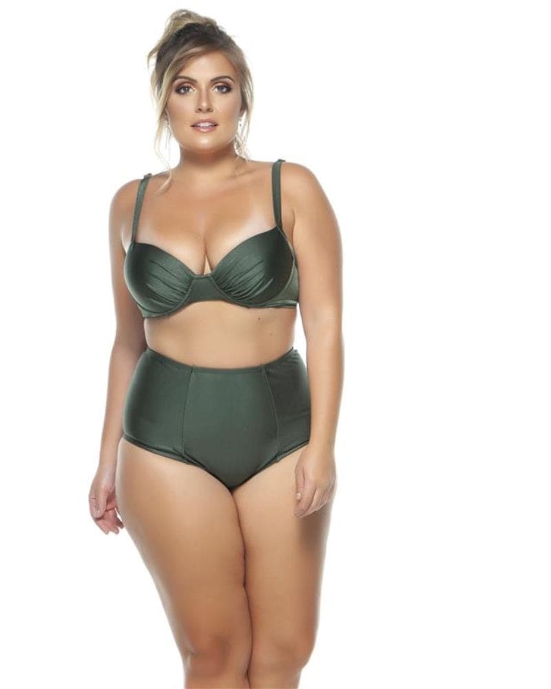 Front of a model wearing a size 22 Adjustable Draped Bikini Top With Padded Cups in Alligator by Lehona. | dia_product_style_image_id:267536